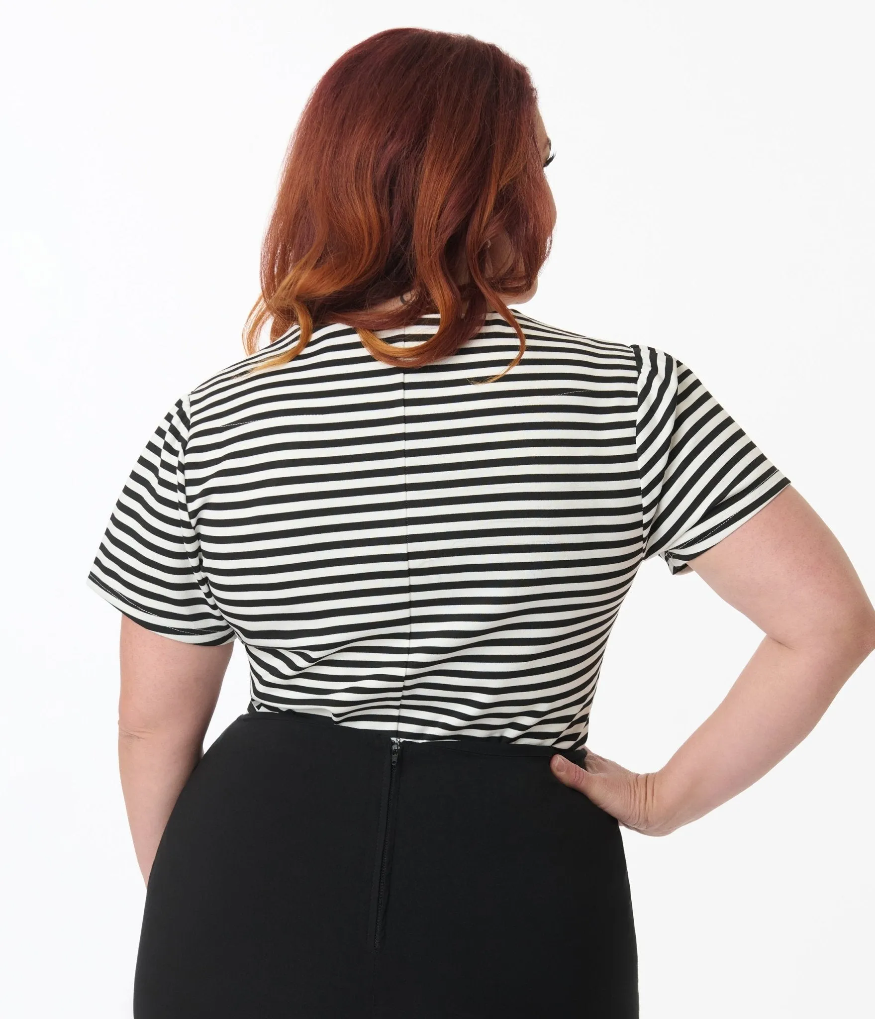 Unique Vintage Plus Size Black & White Stripe Pentagon Collar Knit Top Easy Date Night