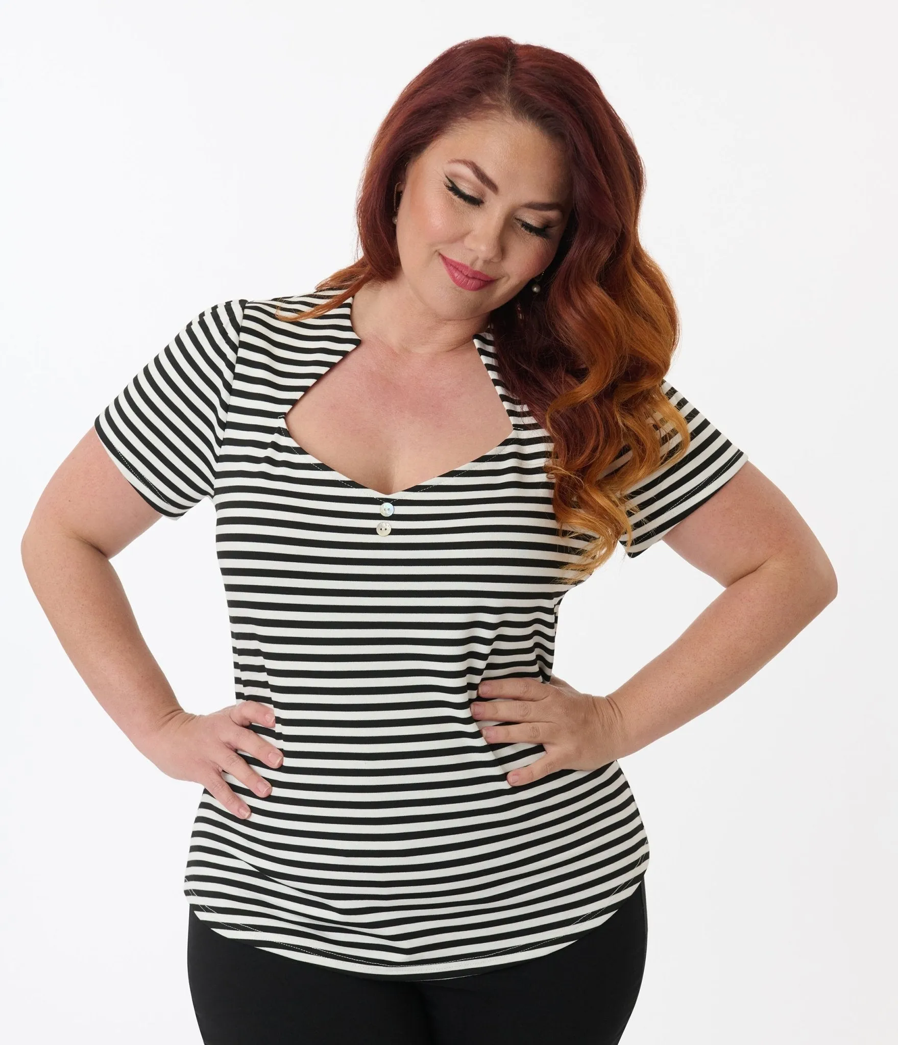 Unique Vintage Plus Size Black & White Stripe Pentagon Collar Knit Top Easy Date Night