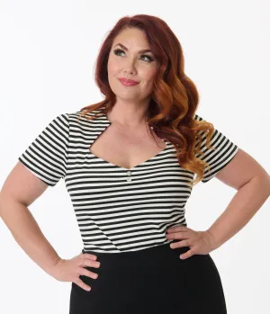 Unique Vintage Plus Size Black & White Stripe Pentagon Collar Knit Top Easy Date Night