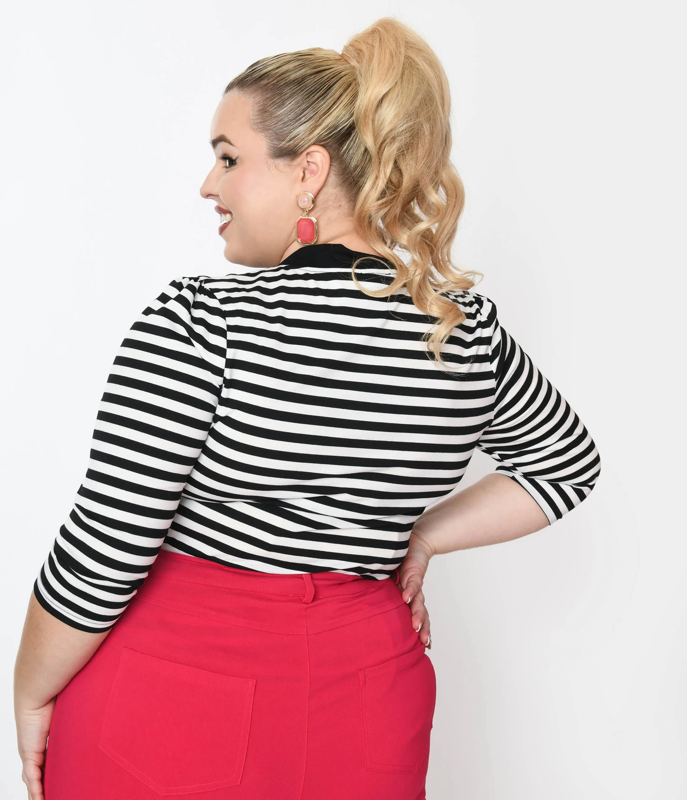 Unique Vintage Plus Size Black & White Stripe Three Quarter Sleeve Sweetie Knit Top Easy Date Night