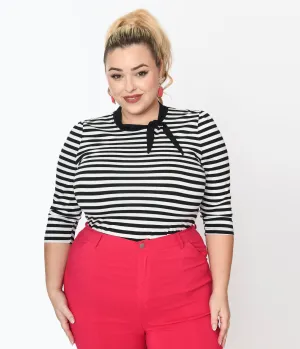 Unique Vintage Plus Size Black & White Stripe Three Quarter Sleeve Sweetie Knit Top Easy Date Night