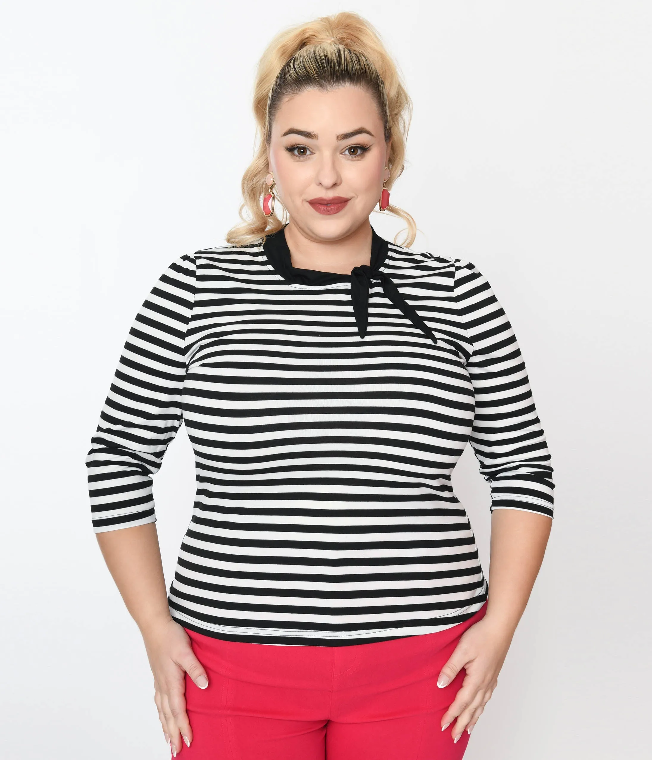 Unique Vintage Plus Size Black & White Stripe Three Quarter Sleeve Sweetie Knit Top Easy Date Night