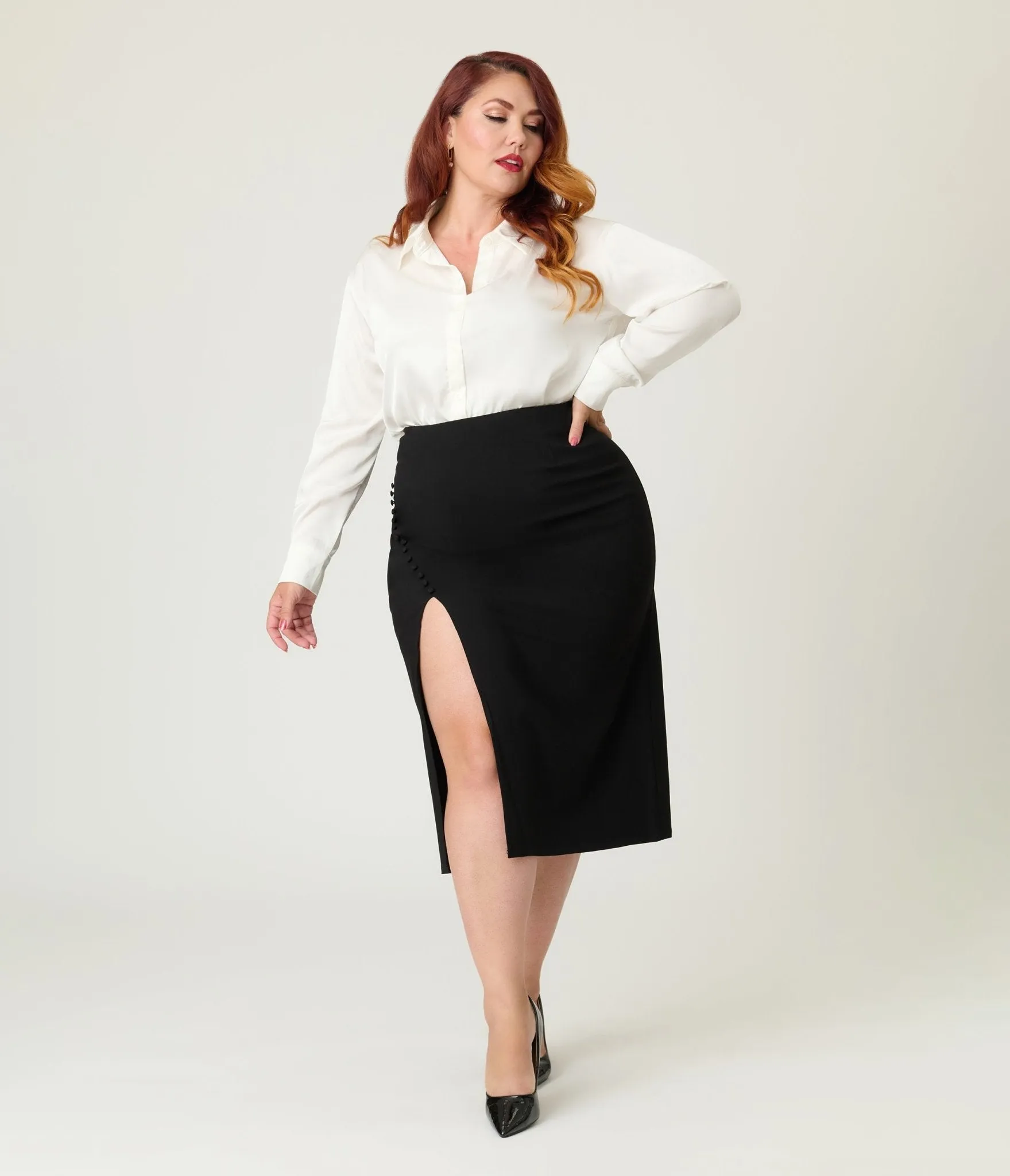 Unique Vintage Plus Size Black Asymmetrical Pencil Skirt Comfortable Travel Wear
