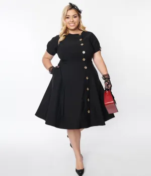Unique Vintage Plus Size Black Button Swing Dress Casual Everyday Look