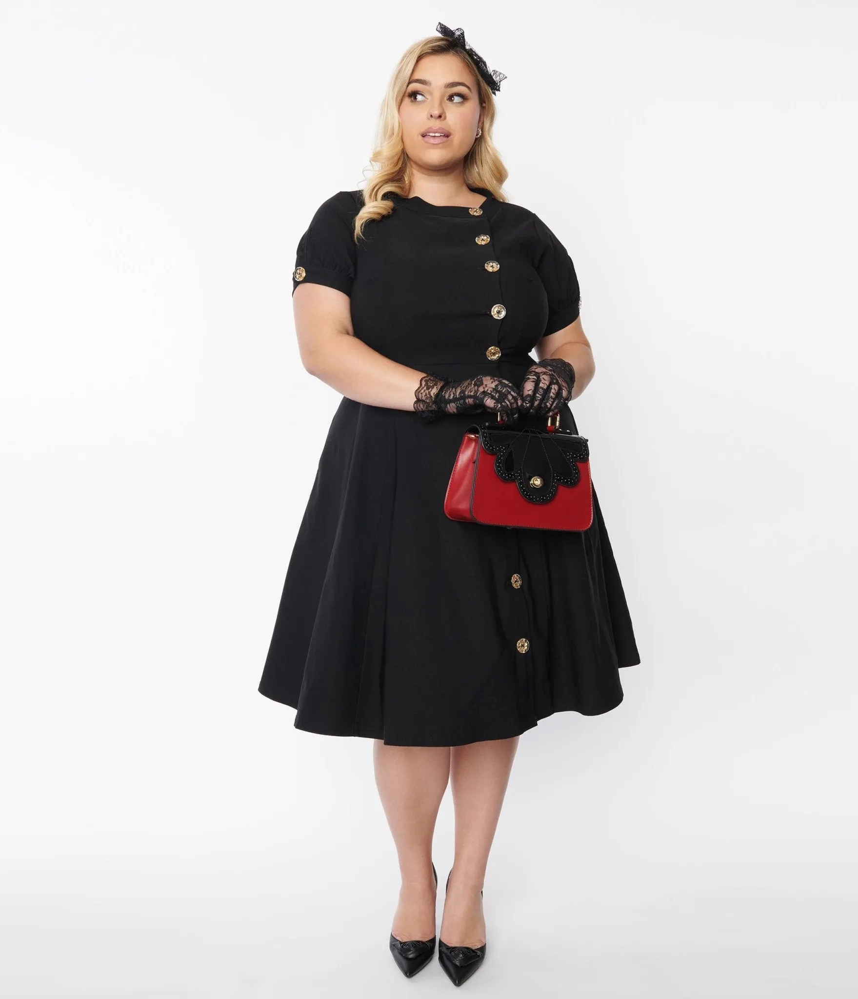 Unique Vintage Plus Size Black Button Swing Dress Casual Everyday Look