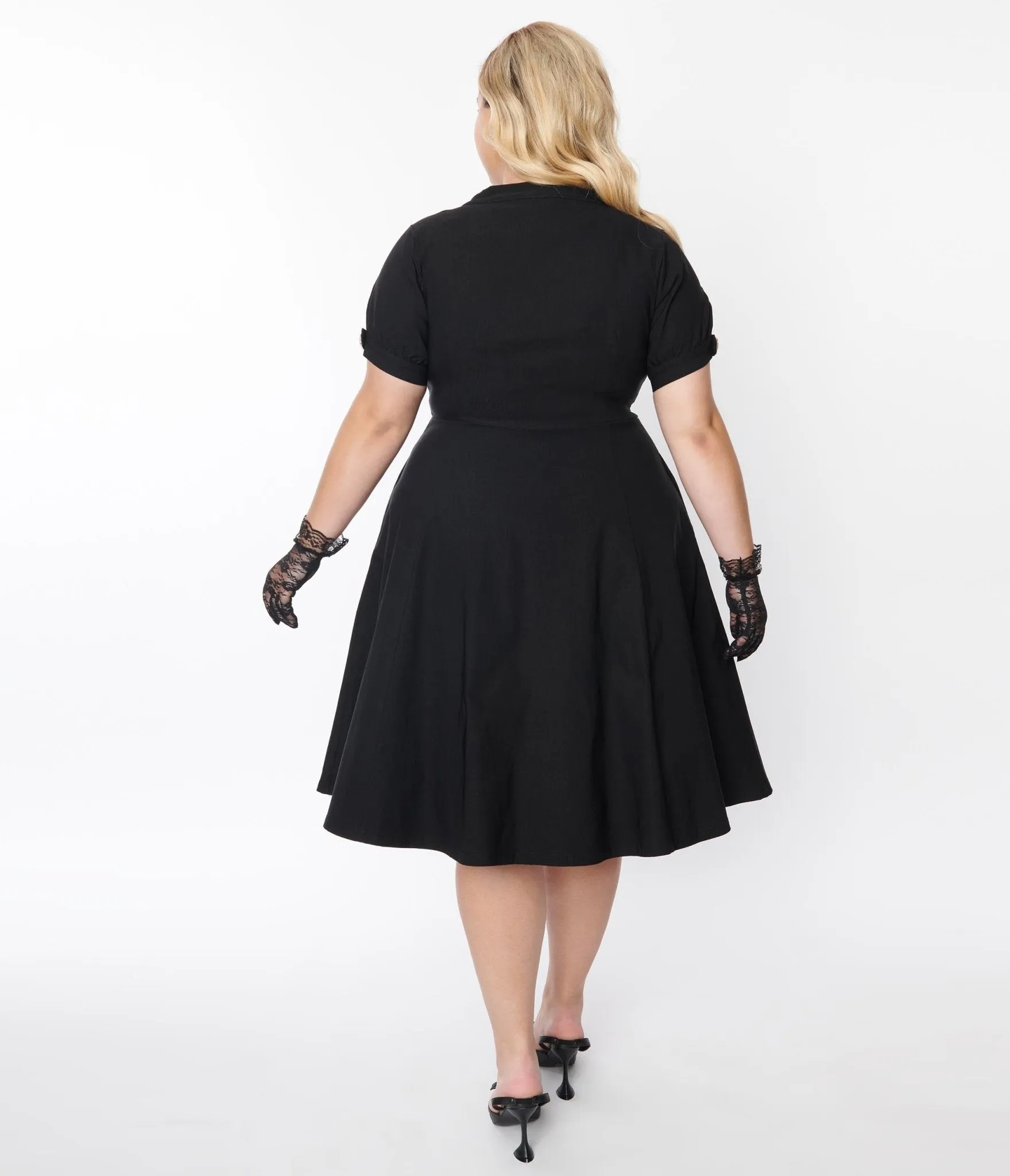Unique Vintage Plus Size Black Button Swing Dress Casual Everyday Look