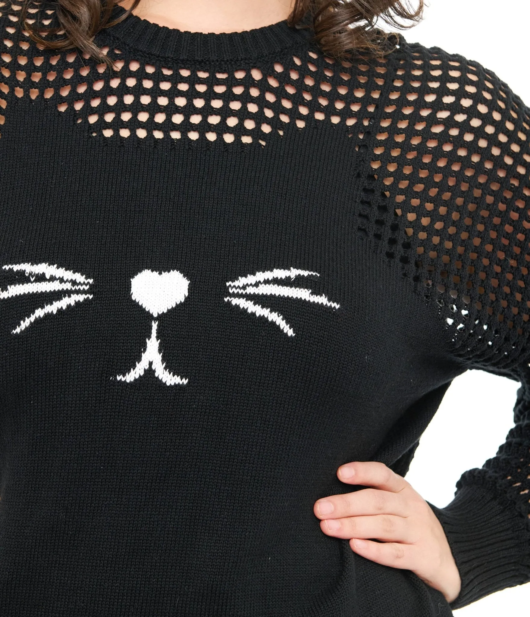 Unique Vintage Plus Size Black Cat Open Weave Cotton Sweater Easy Date Night