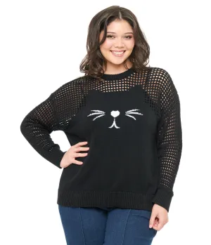 Unique Vintage Plus Size Black Cat Open Weave Cotton Sweater Easy Date Night