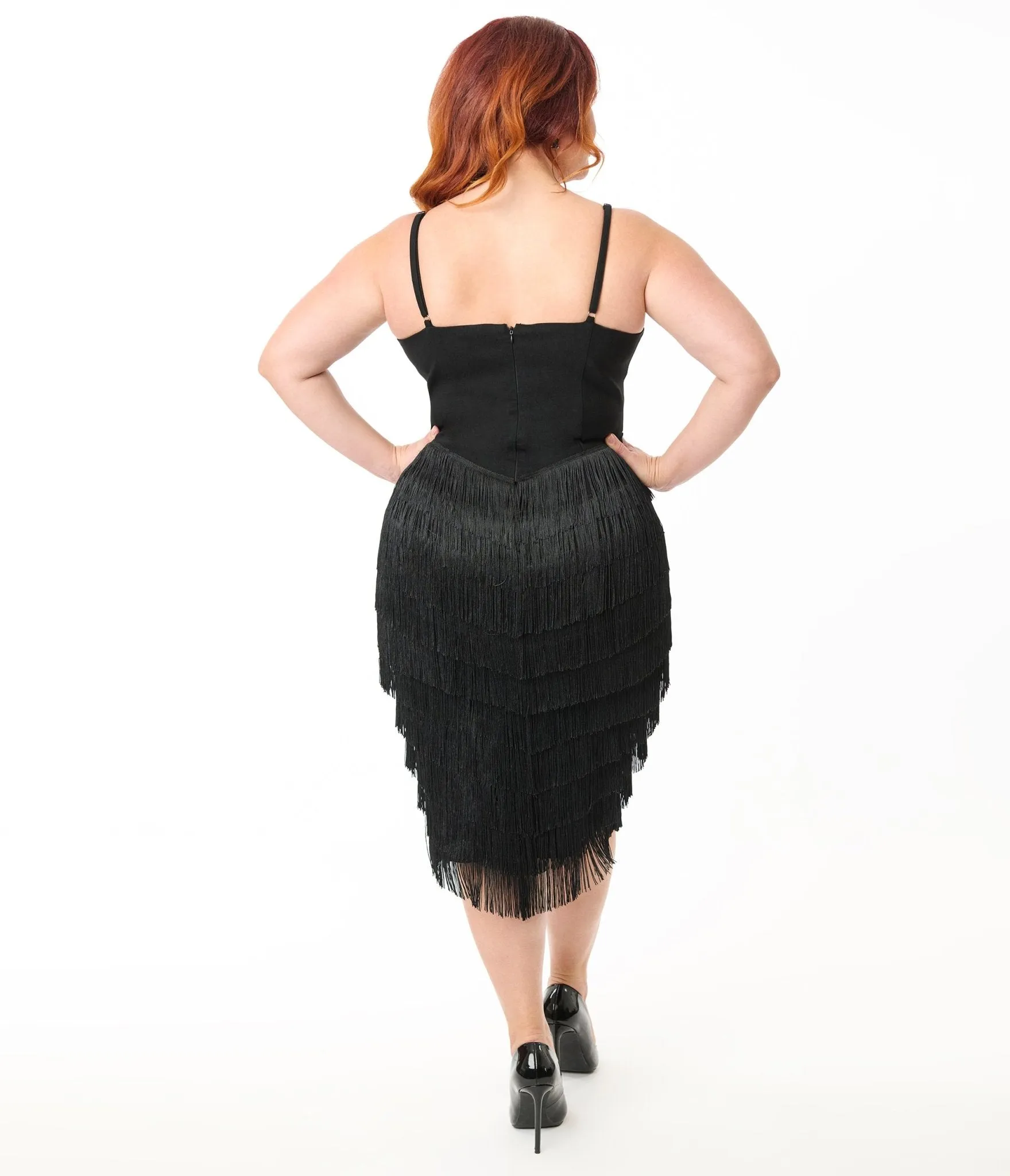 Unique Vintage Plus Size Black Chevron Fringe Pencil Dress Casual Everyday Look