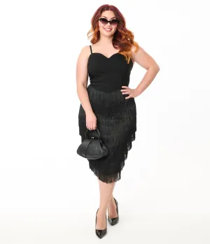 Unique Vintage Plus Size Black Chevron Fringe Pencil Dress Casual Everyday Look