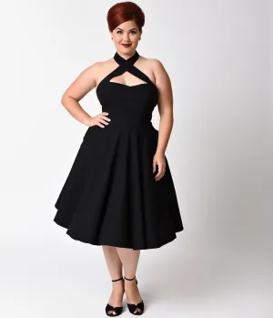Unique Vintage Plus Size Black Criss Cross Halter Rita Flare Dress Casual Everyday Look