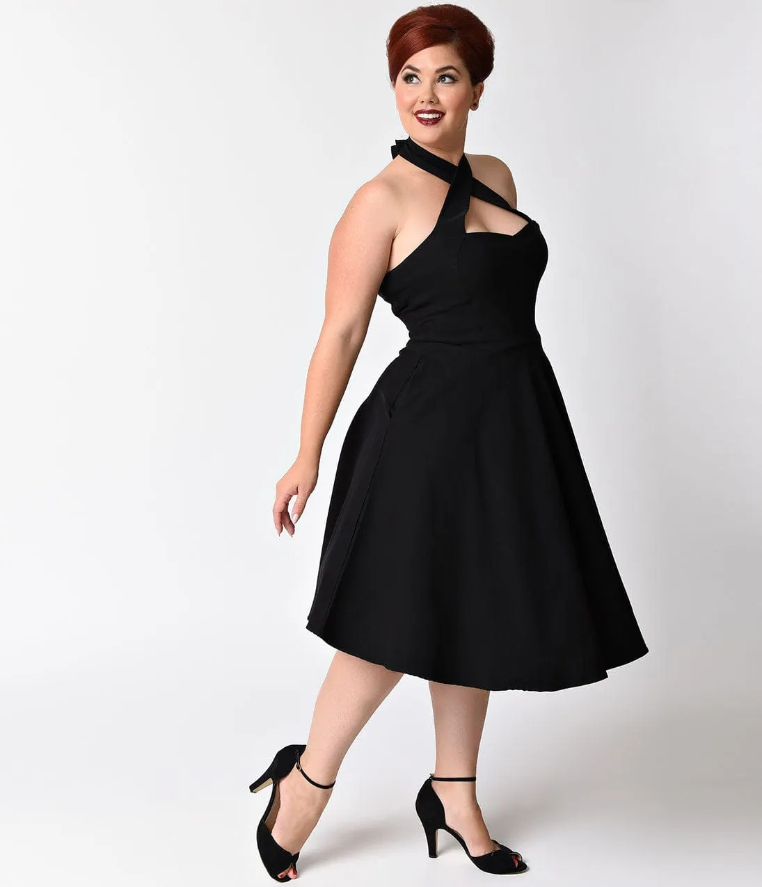 Unique Vintage Plus Size Black Criss Cross Halter Rita Flare Dress Casual Everyday Look