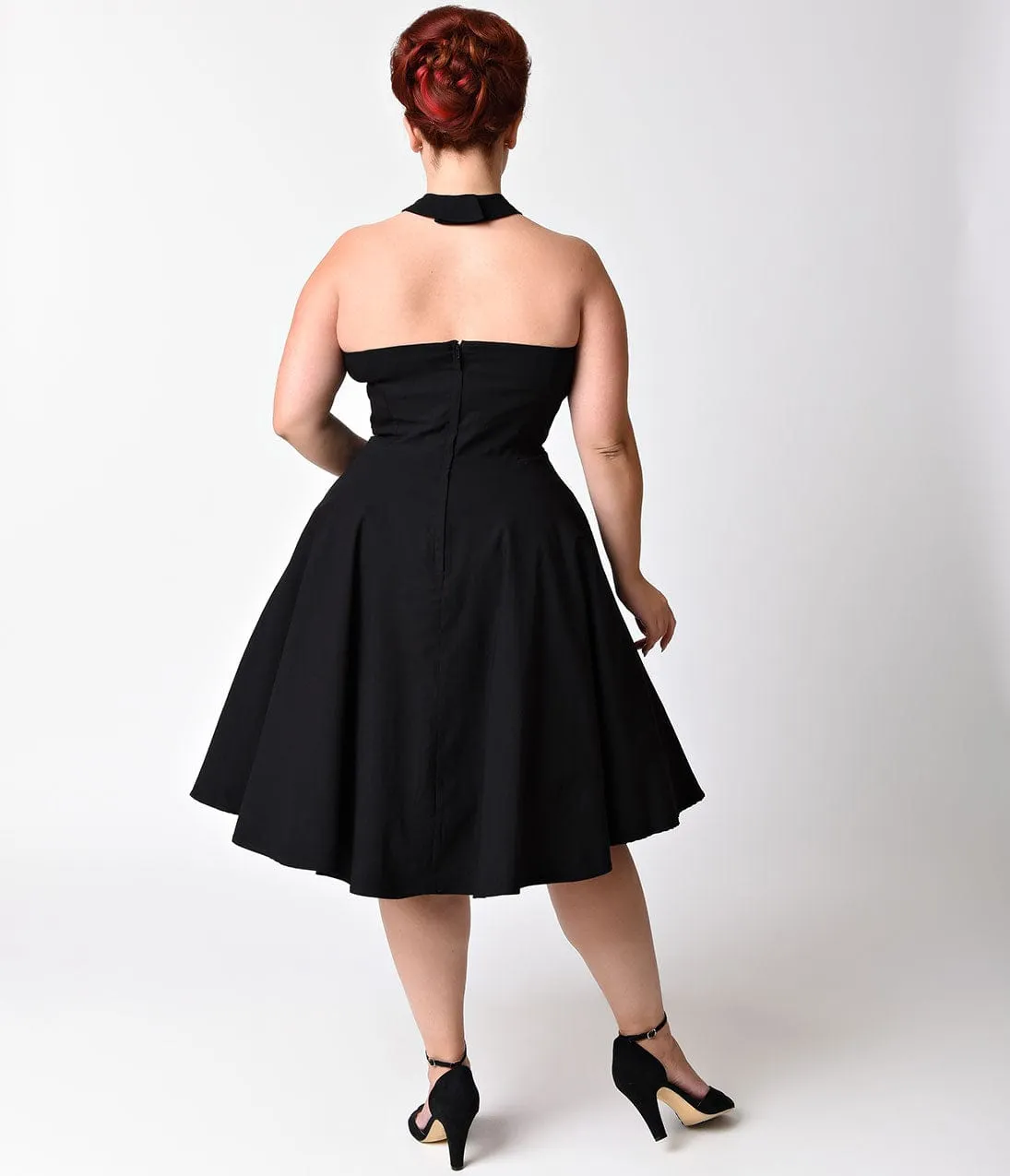 Unique Vintage Plus Size Black Criss Cross Halter Rita Flare Dress Casual Everyday Look