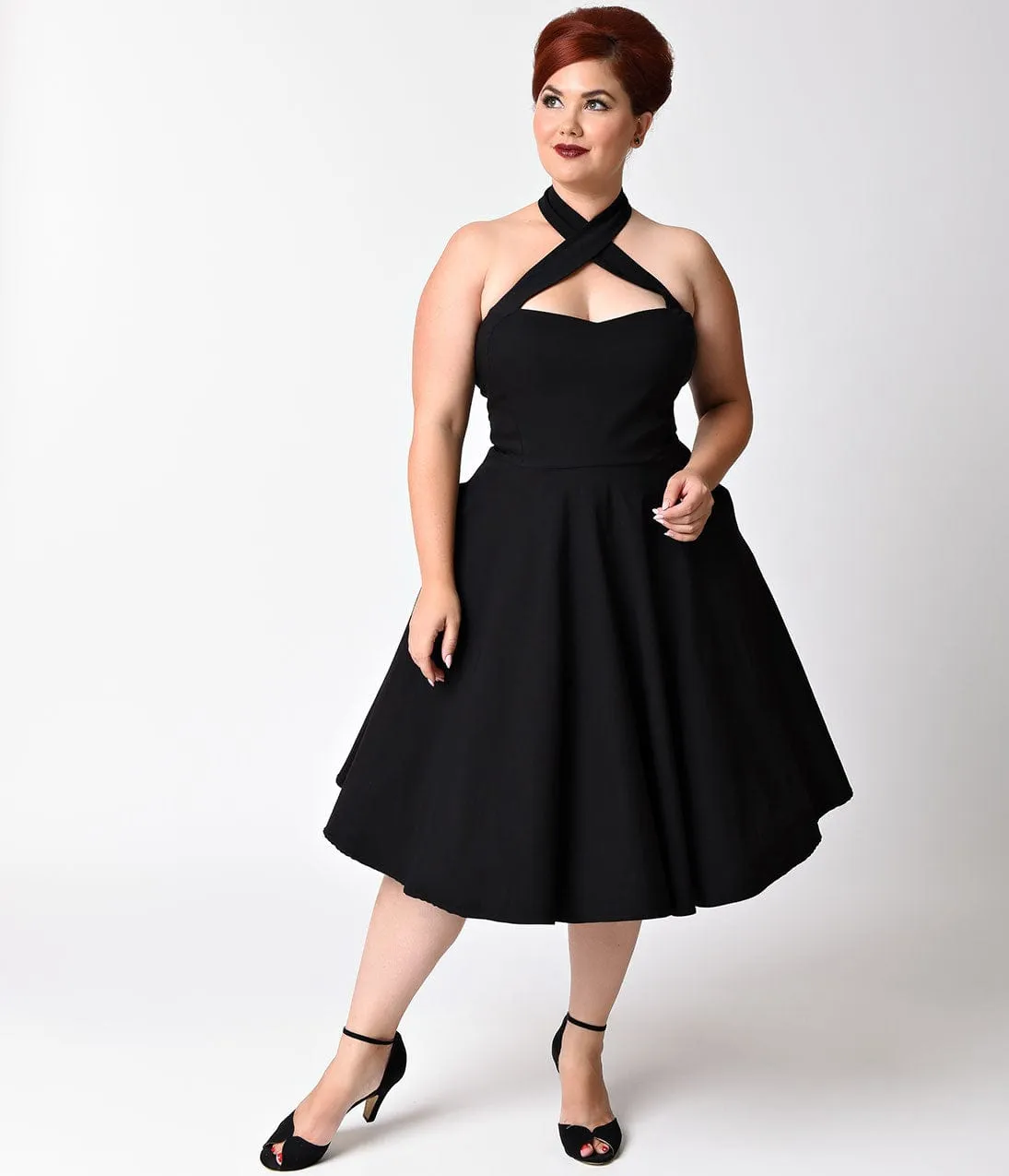 Unique Vintage Plus Size Black Criss Cross Halter Rita Flare Dress Casual Everyday Look