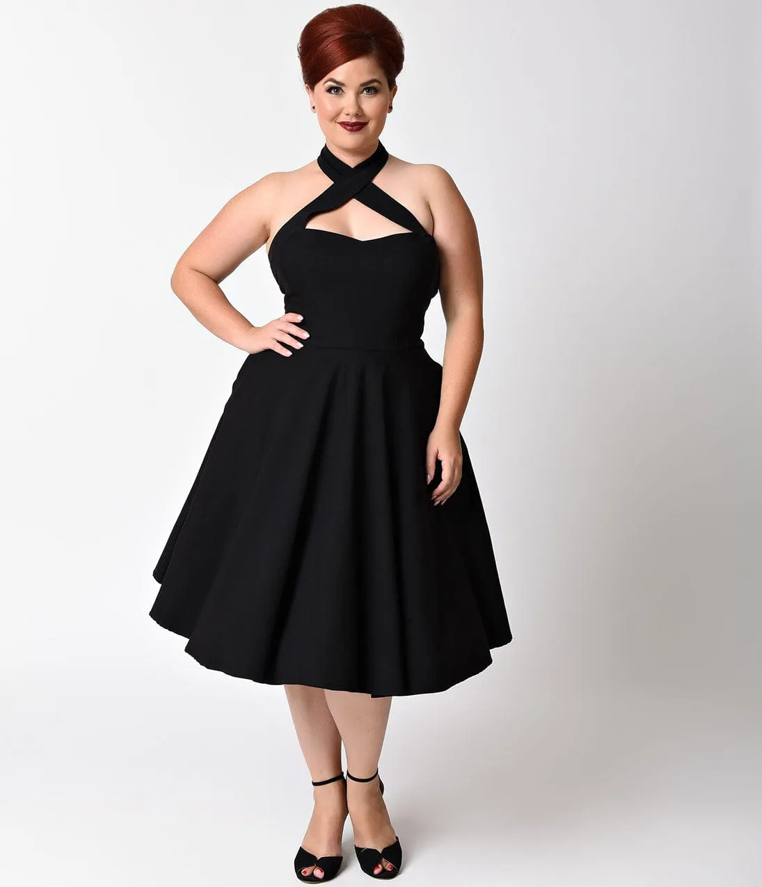 Unique Vintage Plus Size Black Criss Cross Halter Rita Flare Dress Casual Everyday Look