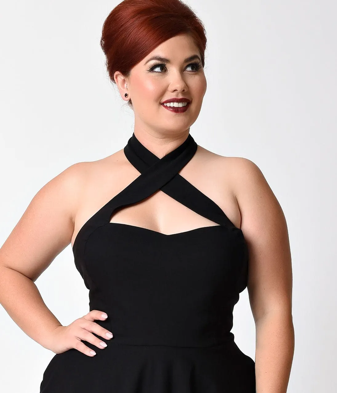 Unique Vintage Plus Size Black Criss Cross Halter Rita Flare Dress Casual Everyday Look