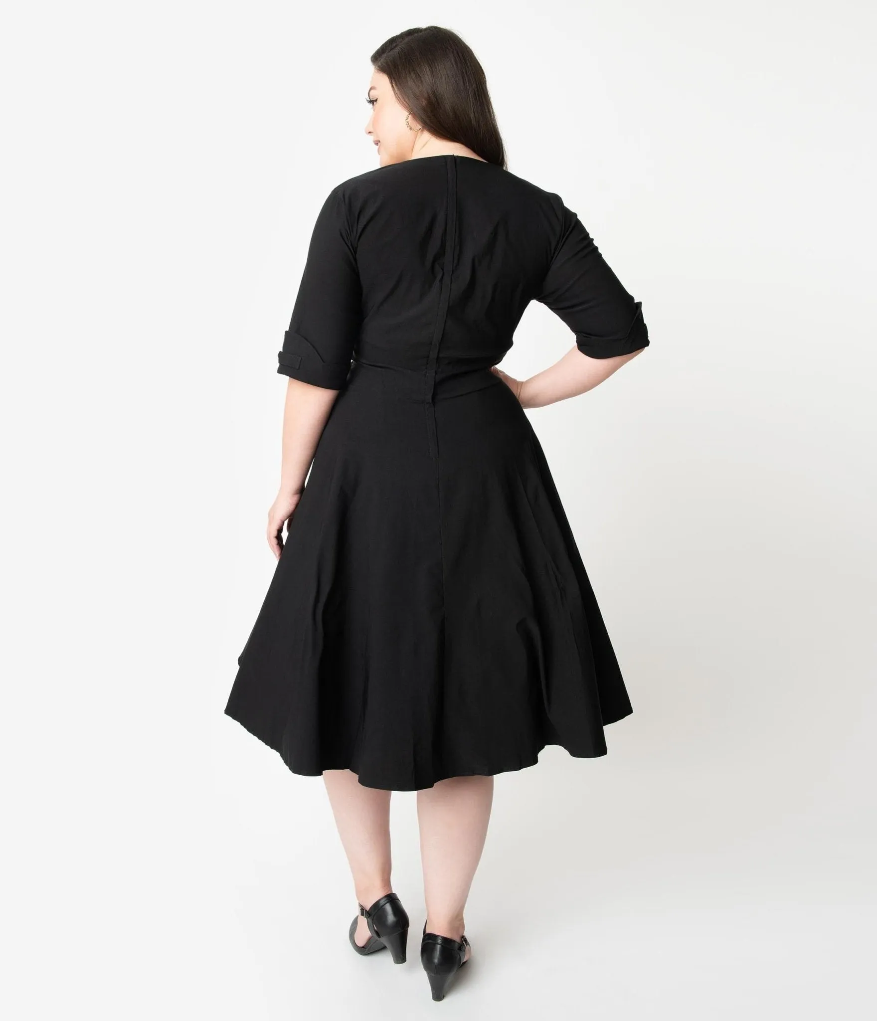 Unique Vintage Plus Size Black Delores Swing Dress with Sleeves Casual Everyday Look