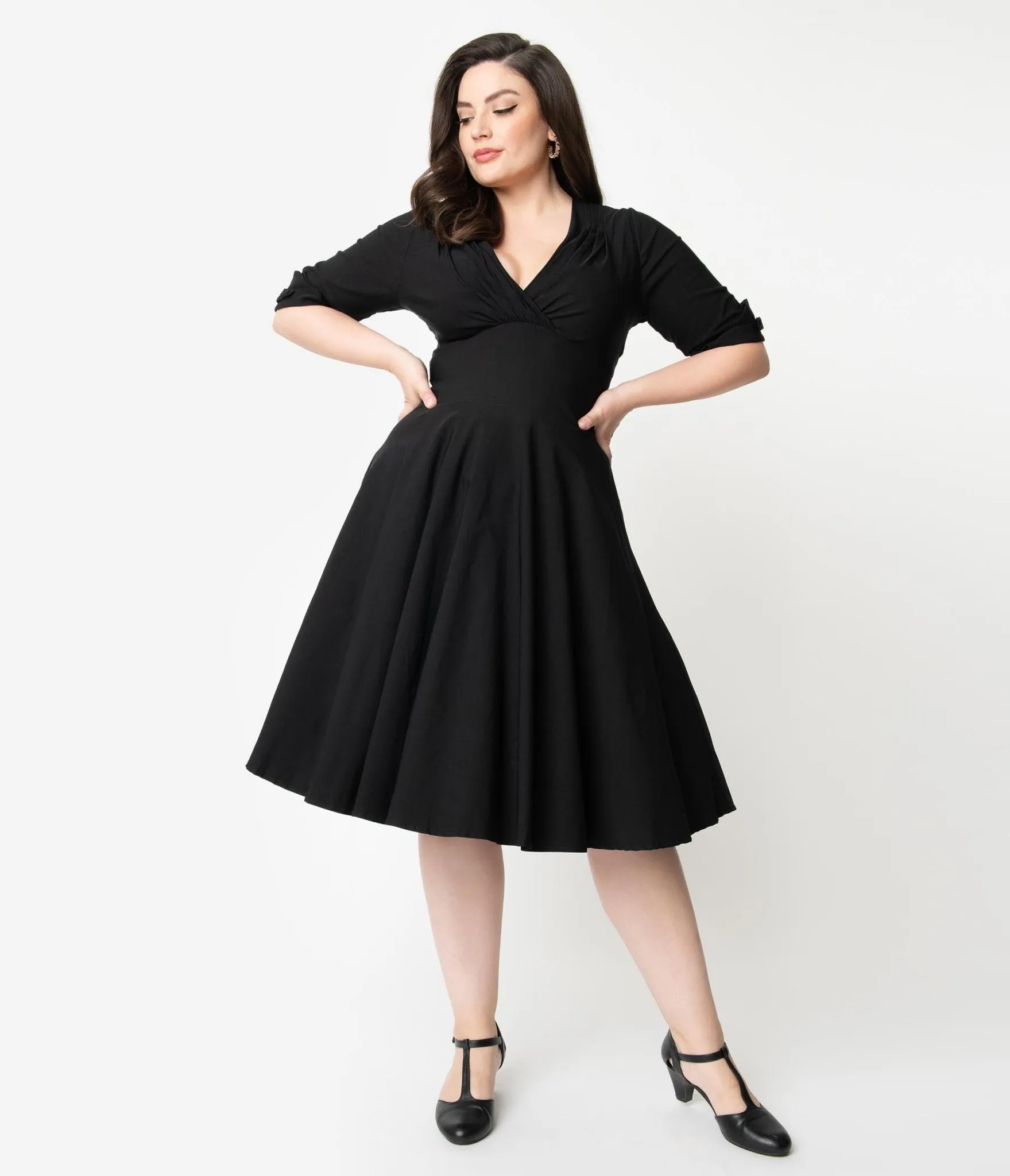 Unique Vintage Plus Size Black Delores Swing Dress with Sleeves Casual Everyday Look