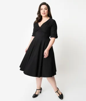 Unique Vintage Plus Size Black Delores Swing Dress with Sleeves Casual Everyday Look