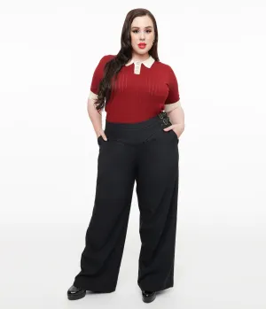 Unique Vintage Plus Size Black Double Belt Woven Pants Comfortable Travel Wear