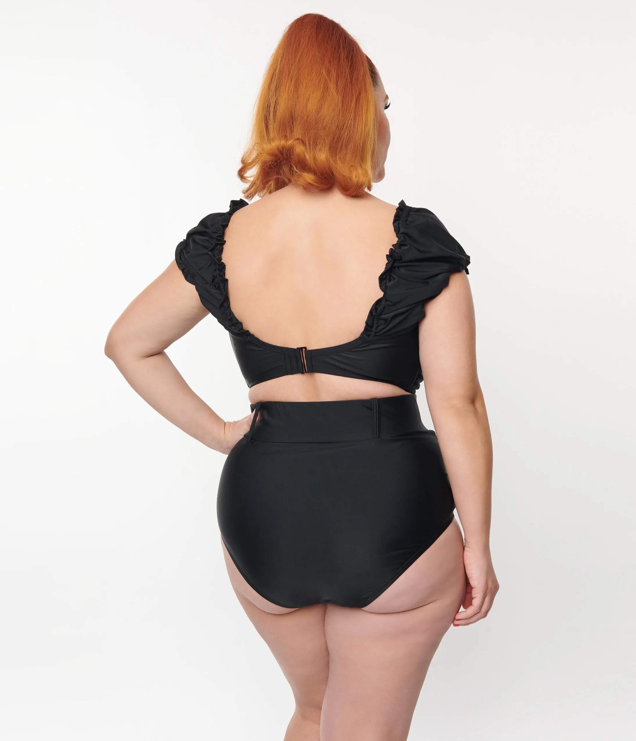 Unique Vintage Plus Size Black High Waist Belted Swim Bottom Beach Vacation Ready
