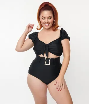 Unique Vintage Plus Size Black High Waist Belted Swim Bottom Beach Vacation Ready