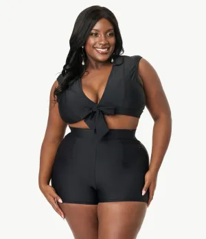Unique Vintage Plus Size Black High Waist Swim Shorts Beach Vacation Ready