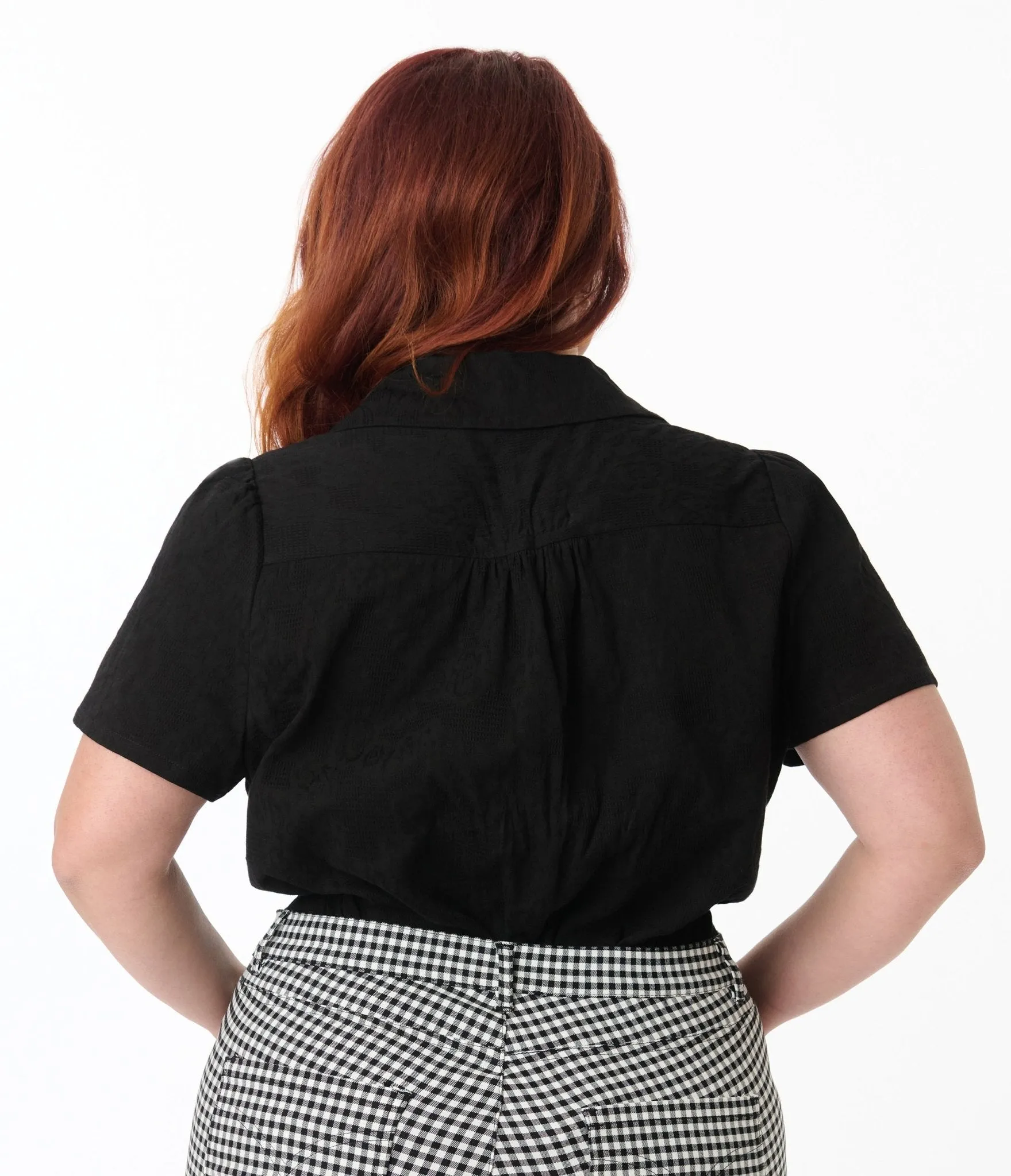 Unique Vintage Plus Size Black Jacquard Notched Collar Blouse Easy Date Night