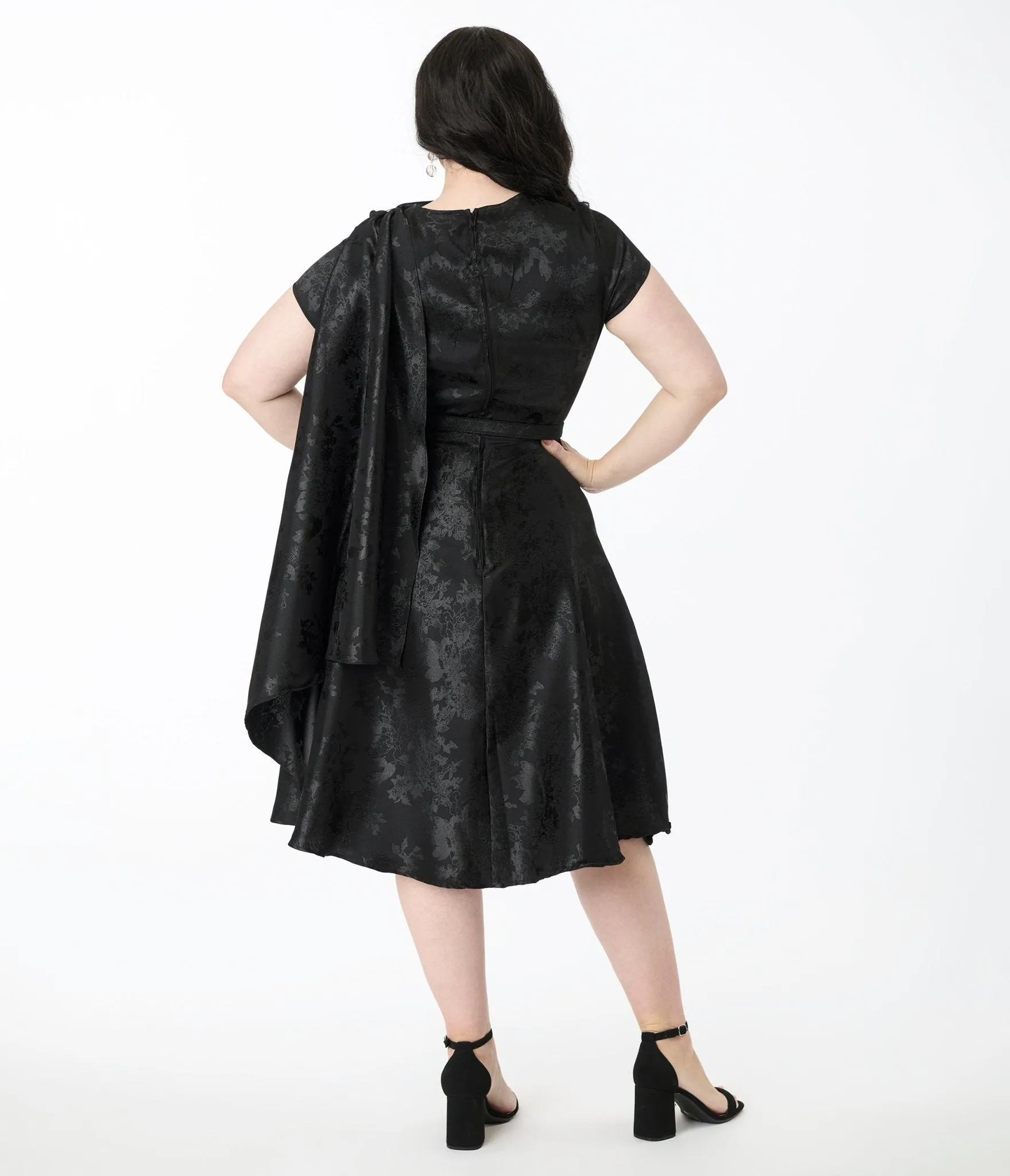 Unique Vintage Plus Size Black Jacquard Sash Swing Dress Casual Everyday Look