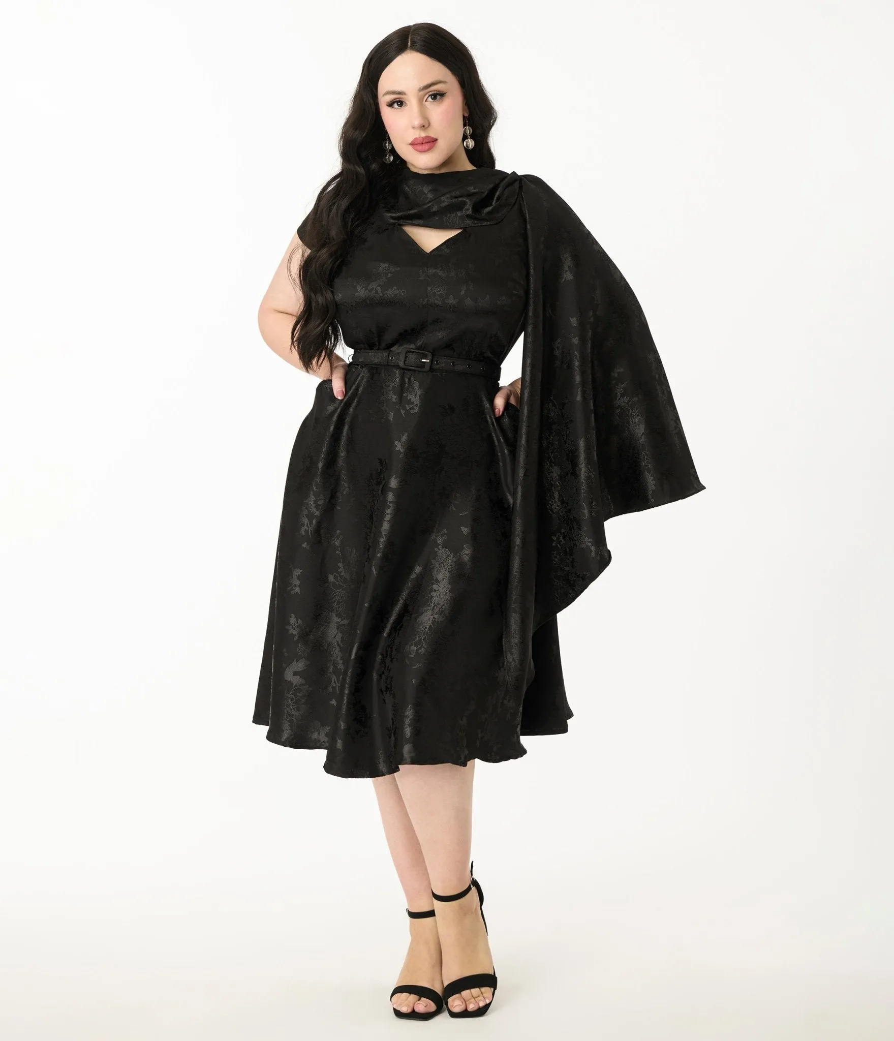 Unique Vintage Plus Size Black Jacquard Sash Swing Dress Casual Everyday Look