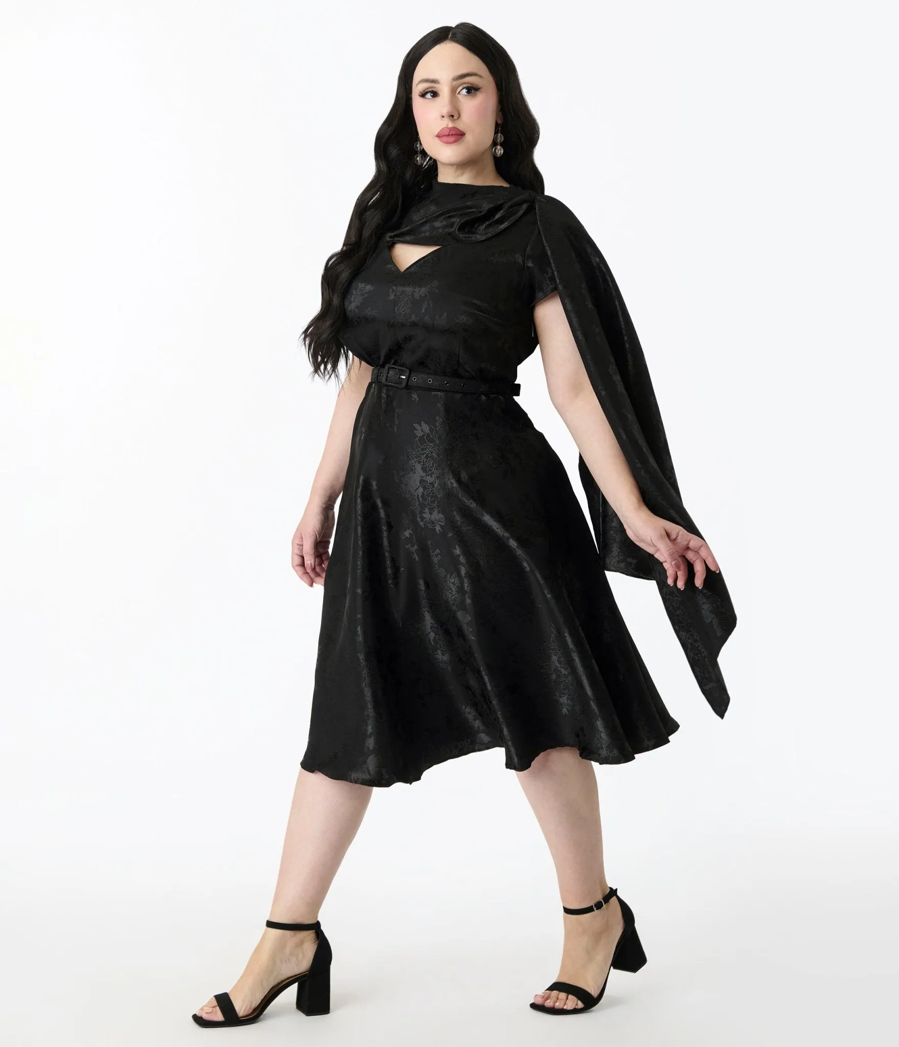 Unique Vintage Plus Size Black Jacquard Sash Swing Dress Casual Everyday Look