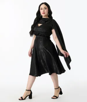 Unique Vintage Plus Size Black Jacquard Sash Swing Dress Casual Everyday Look