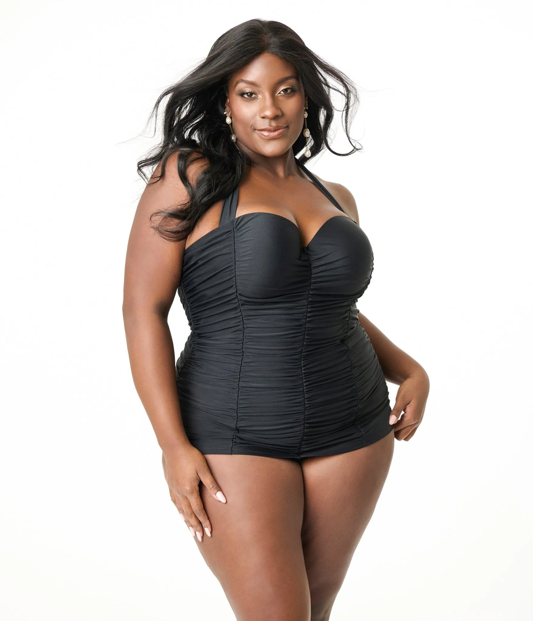 Unique Vintage Plus Size Black Mansfield Halter One Piece Swimsuit Beach Vacation Ready