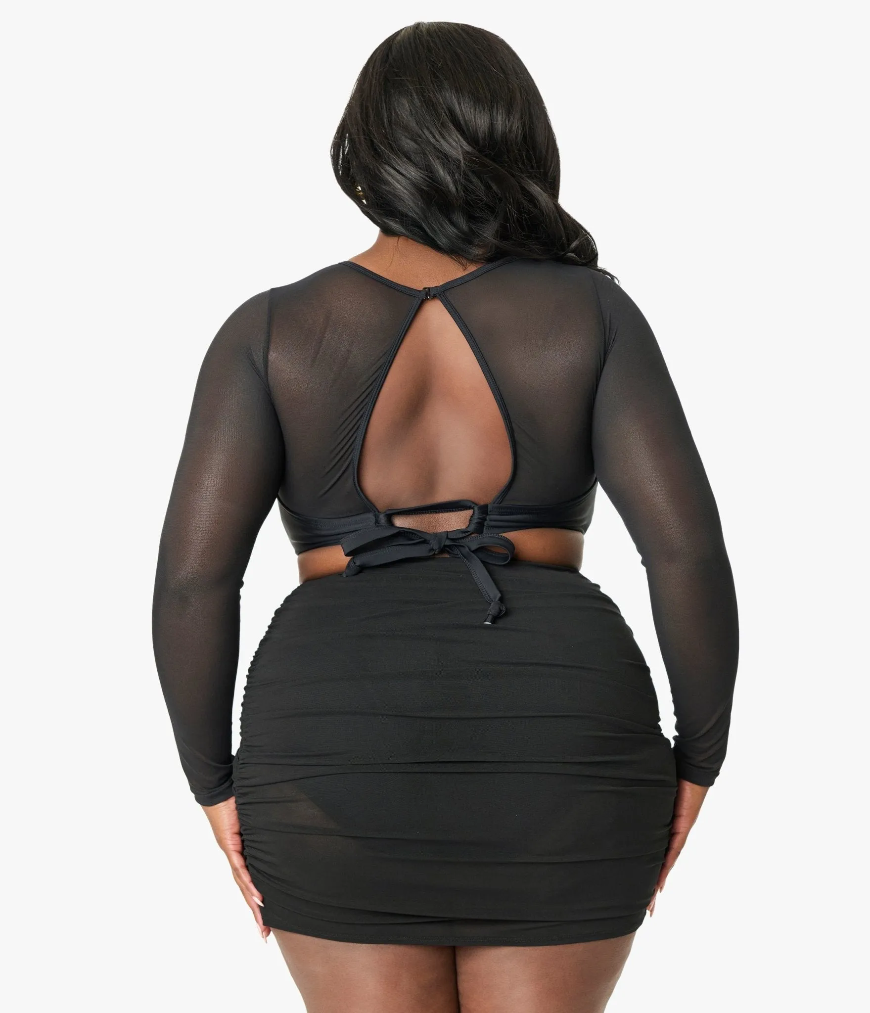 Unique Vintage Plus Size Black Mesh Long Sleeve Swim Top Beach Vacation Ready