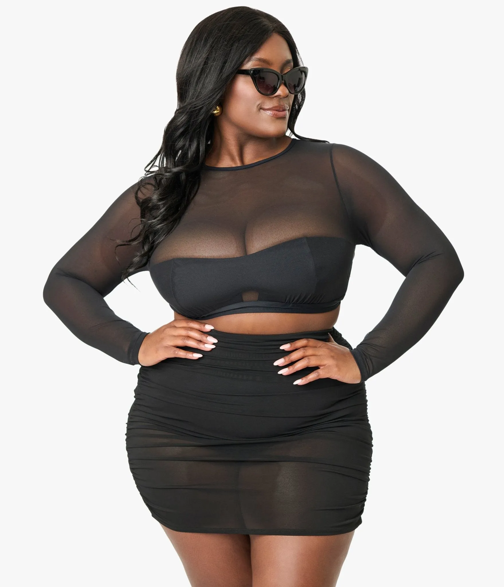 Unique Vintage Plus Size Black Mesh Long Sleeve Swim Top Beach Vacation Ready