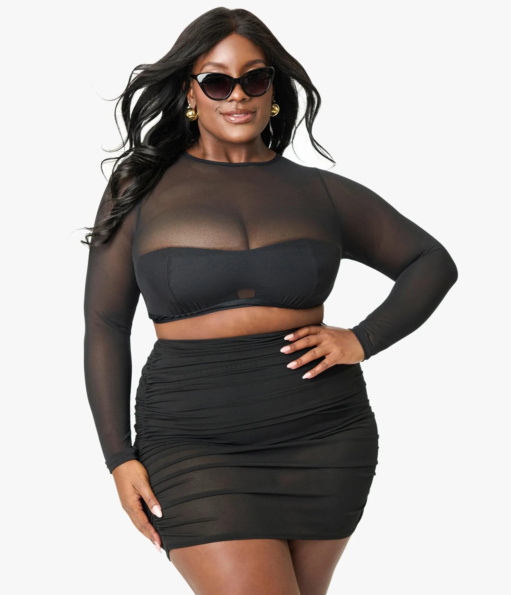Unique Vintage Plus Size Black Mesh Long Sleeve Swim Top Beach Vacation Ready