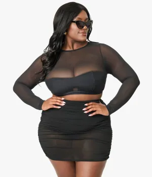 Unique Vintage Plus Size Black Mesh Long Sleeve Swim Top Beach Vacation Ready