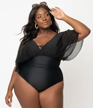 Unique Vintage Plus Size Black Mesh Sleeved Torrey Swimsuit Beach Vacation Ready
