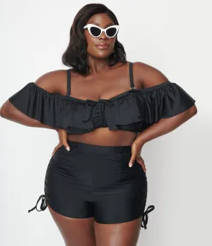 Unique Vintage Plus Size Black Pull Tie Swim Shorts Beach Vacation Ready