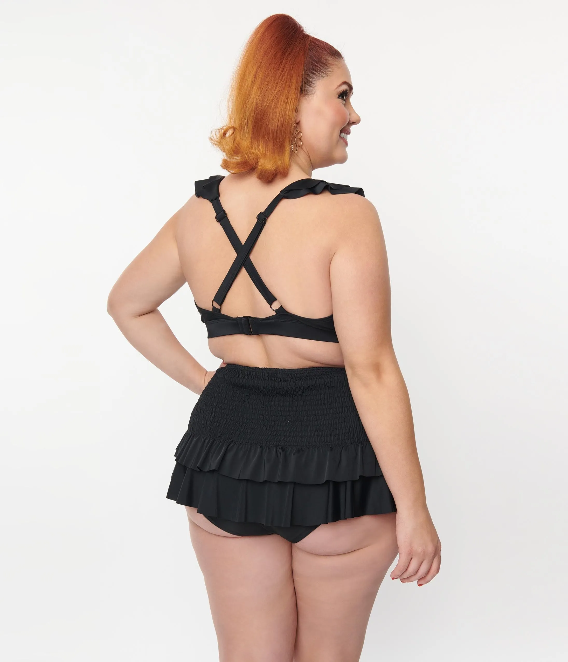 Unique Vintage Plus Size Black Ruffle Halter Swim Top Beach Vacation Ready