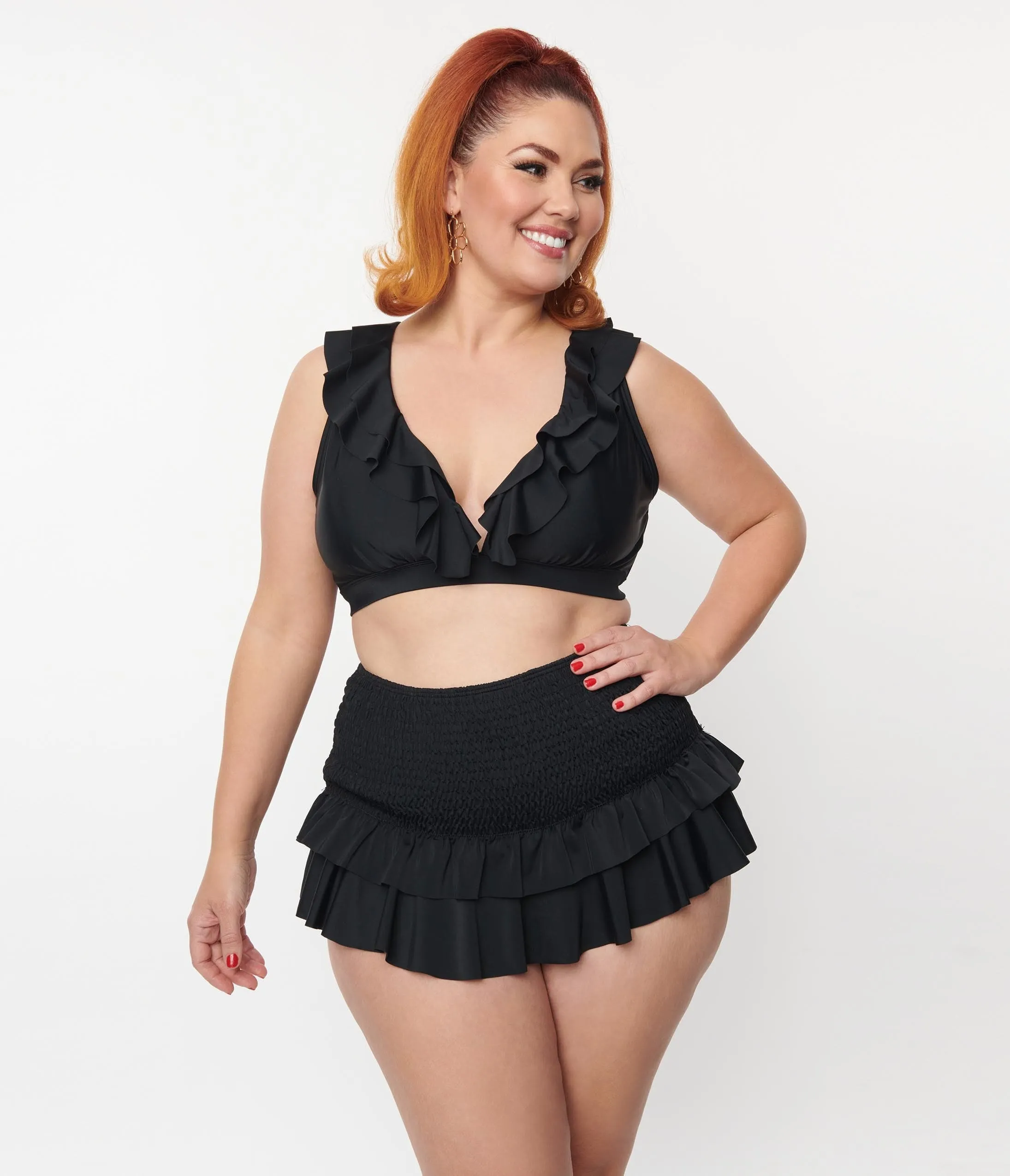 Unique Vintage Plus Size Black Ruffle Halter Swim Top Beach Vacation Ready