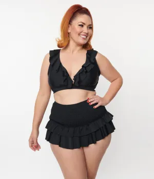 Unique Vintage Plus Size Black Ruffle Halter Swim Top Beach Vacation Ready
