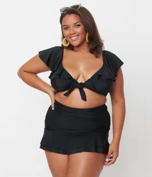 Unique Vintage Plus Size Black Ruffled Cap Sleeve Frida Swim Top Beach Vacation Ready