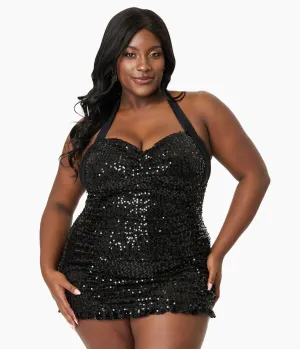 Unique Vintage Plus Size Black Sequin Halter Corinne Swim Dress Beach Vacation Ready