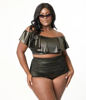 Unique Vintage Plus Size Black Shimmer Ruffled Ramona Swim Top Beach Vacation Ready