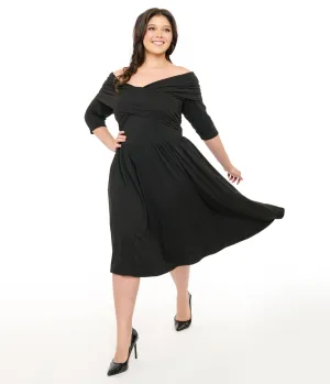 Unique Vintage Plus Size Black Shirred Off Shoulder Swing Dress Casual Everyday Look