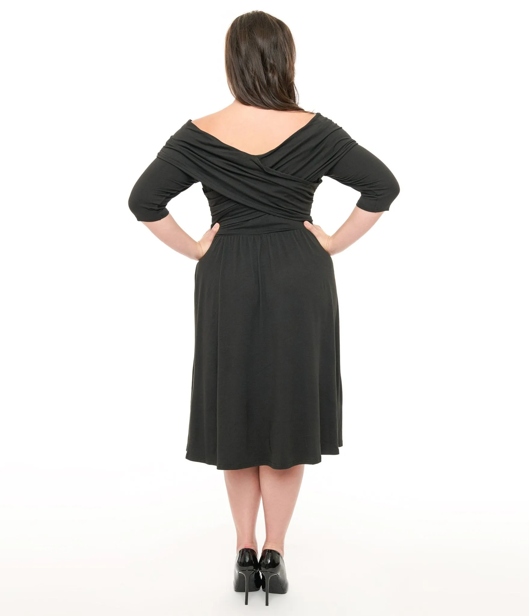 Unique Vintage Plus Size Black Shirred Off Shoulder Swing Dress Casual Everyday Look
