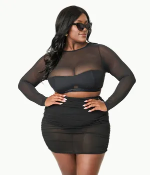 Unique Vintage Plus Size Black Shirred Skirt Swim Bottom Beach Vacation Ready