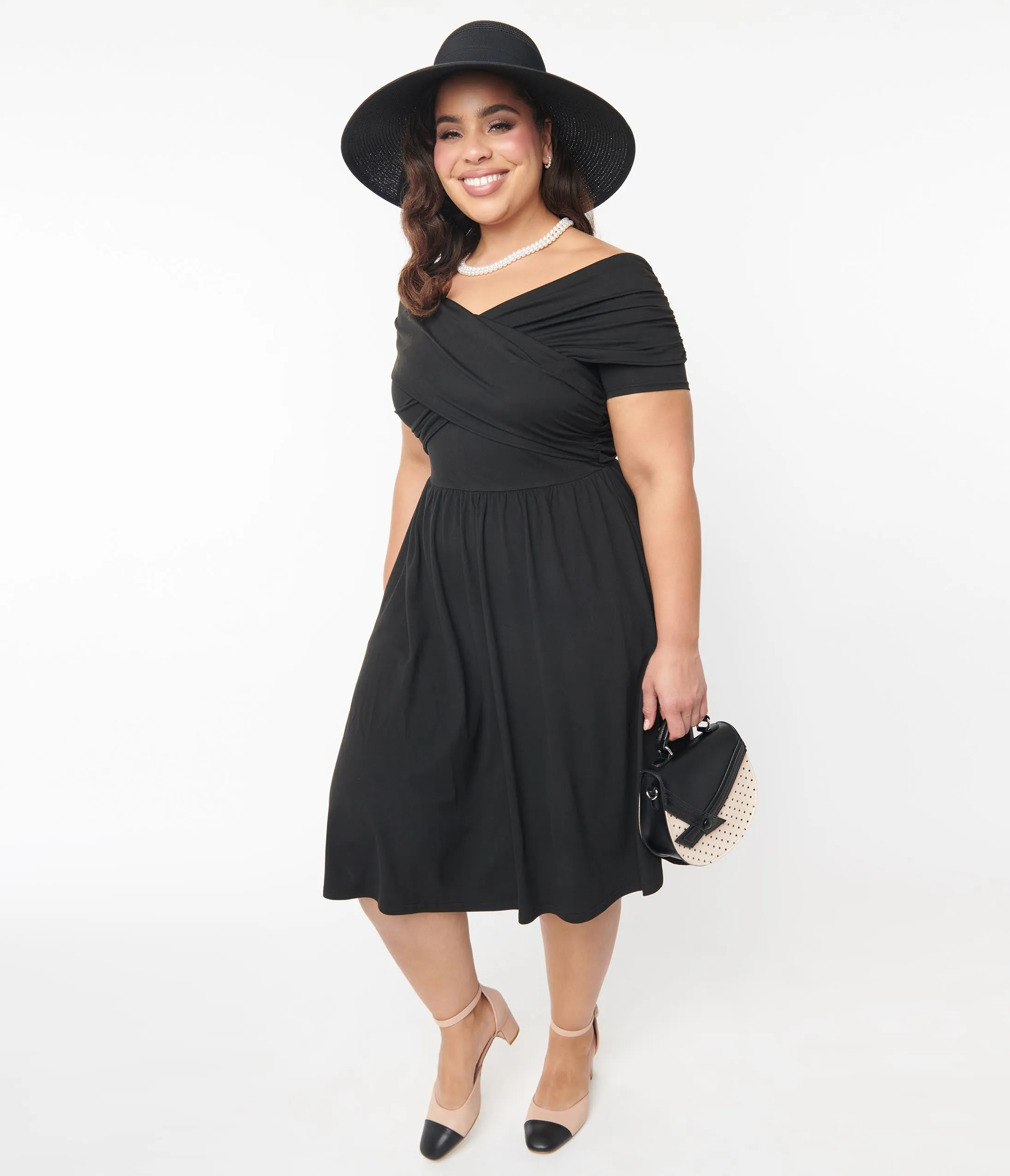 Unique Vintage Plus Size Black Shirred Swing Dress Casual Everyday Look