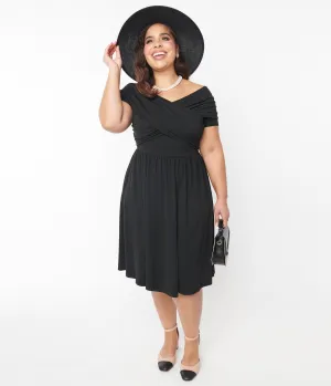Unique Vintage Plus Size Black Shirred Swing Dress Casual Everyday Look